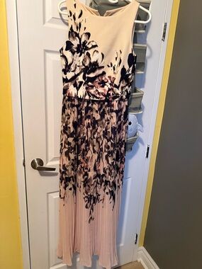 Taylor Blush and Black Floral Pleated Long Sleeve Dress